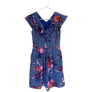 Chris McLaughlin Blue Gingham Floral Ruffle Fit Flare Dress Size 6
